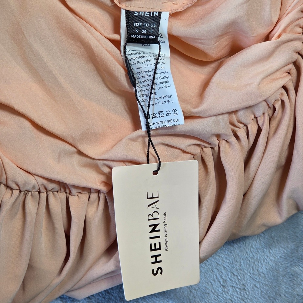 SHEINBAE Peach V-Neck Bubble Hem Mini Dress Sleeveless Tie Back Size S Party - Picture 4 of 6